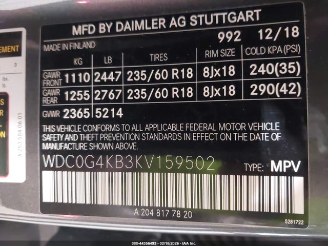 44356493 :رقم المزاد ، WDC0G4KB3KV159502 vin ، 2019 Mercedes-benz Glc 300 4matic مزاد بيع