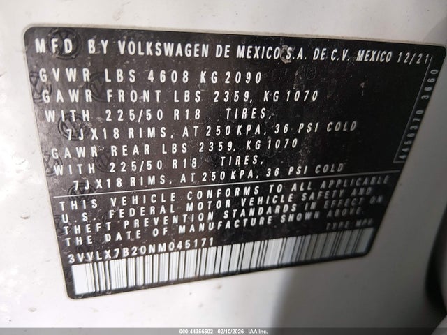 Продажа на аукционе авто 2022 Volkswagen Taos 1.5t Se, vin: 3VVLX7B20NM045171, номер лота: 44356502