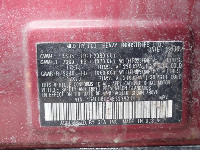 Aukcja sprzedaży 2014 Subaru Outback 2.5i Limited, vin: 4S4BRBLC4E3239214, numer aukcji: 44356513