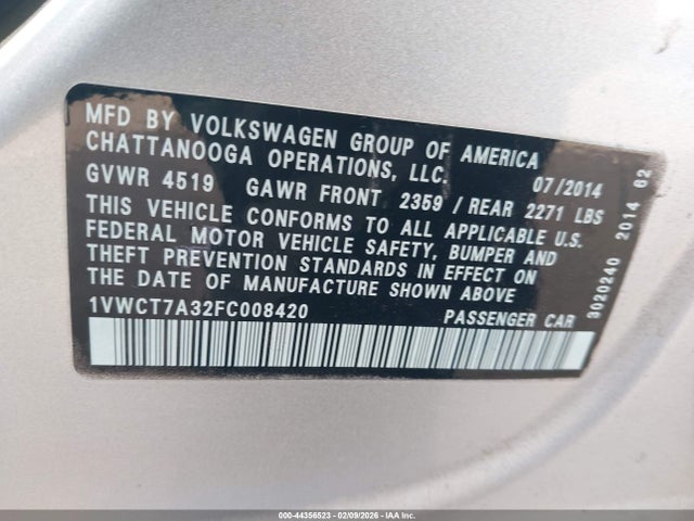 1VWCT7A32FC008420 Volkswagen Passat 1.8t Sel Premium