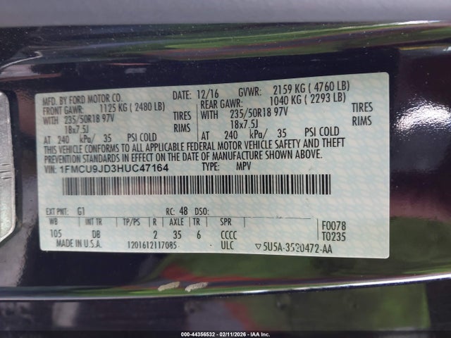 Aukcja sprzedaży 2017 Ford Escape Titanium, vin: 1FMCU9JD3HUC47164, numer aukcji: 44356532
