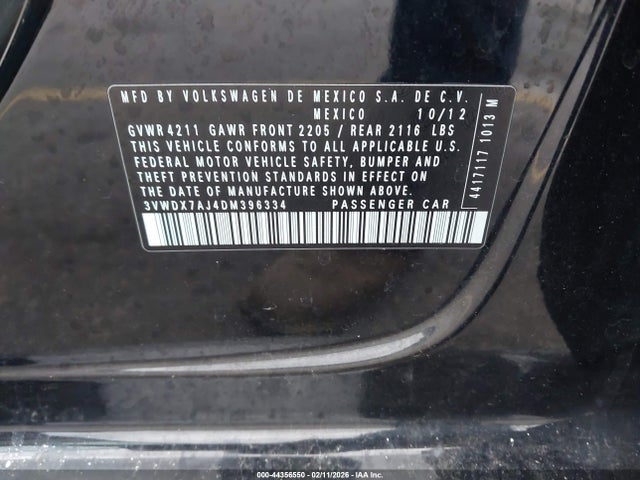 2013 Volkswagen Jetta 2.5l Se მანქანა იყიდება აუქციონზე, vin: 3VWDX7AJ4DM396334, აუქციონის ნომერი: 44356550