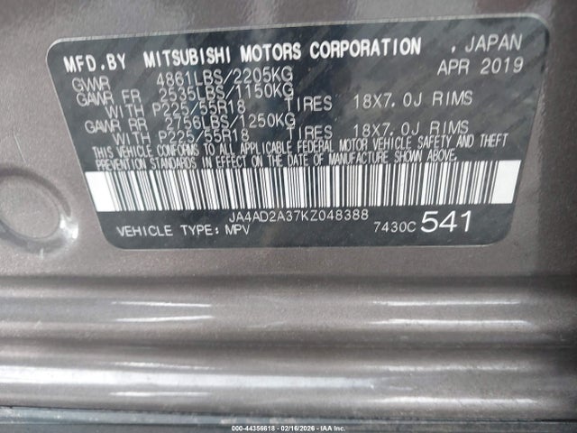 Продаж на аукціоні авто 2019 Mitsubishi Outlander Es, vin: JA4AD2A37KZ048388, номер лоту: 44356618