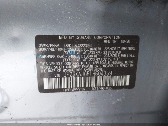 Продаж на аукціоні авто 2020 Subaru Forester Premium, vin: JF2SKAJC5LH604359, номер лоту: 44356748