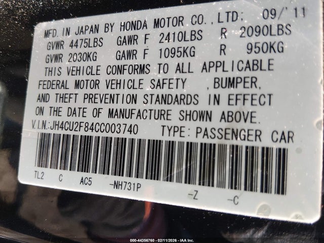 2012 Acura Tsx 2.4 მანქანა იყიდება აუქციონზე, vin: JH4CU2F84CC003740, აუქციონის ნომერი: 44356760