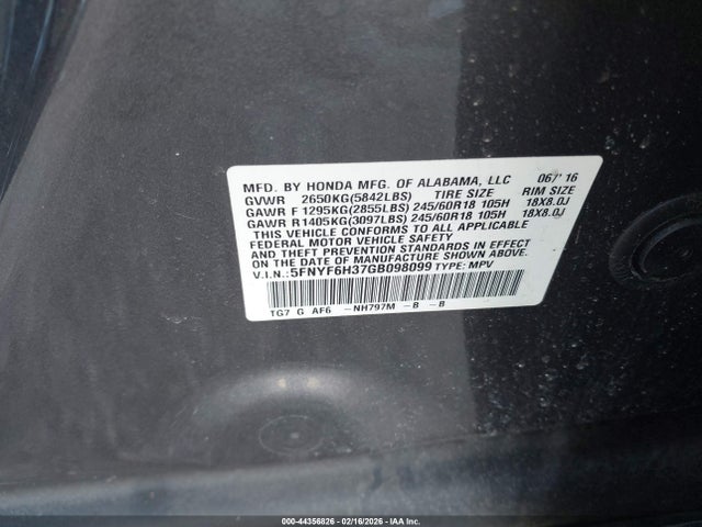 Honda Pilot Ex 2016 5FNYF6H37GB098099 Image 9