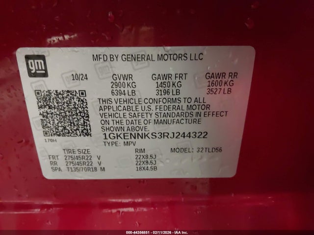 44356851 :رقم المزاد ، 1GKENNKS3RJ244322 vin ، 2024 Gmc Acadia Awd Elevation مزاد بيع