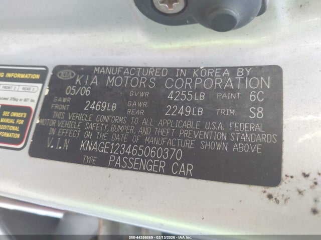 2006 Kia Optima Ex (new)/lx (new) მანქანა იყიდება აუქციონზე, vin: KNAGE123465060370, აუქციონის ნომერი: 44356869