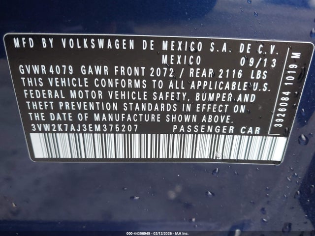 Продажа на аукционе авто 2014 Volkswagen Jetta 2.0l S, vin: 3VW2K7AJ3EM375207, номер лота: 44356949