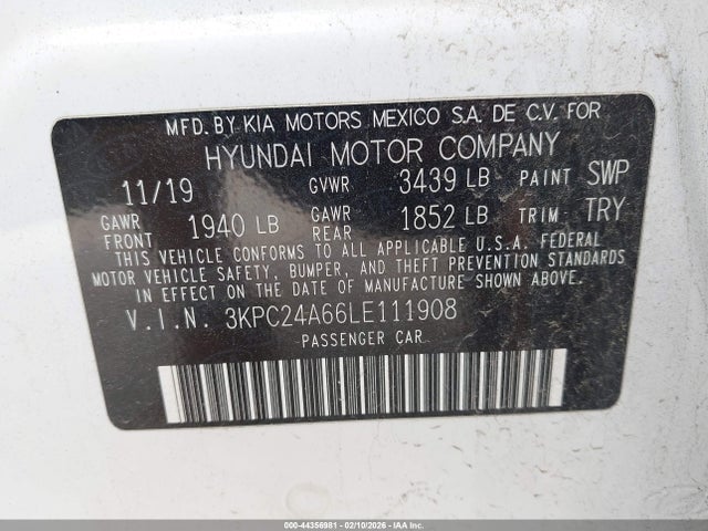 2020 Hyundai Accent Se მანქანა იყიდება აუქციონზე, vin: 3KPC24A66LE111908, აუქციონის ნომერი: 44356981
