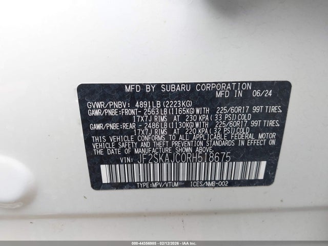 44356985 :رقم المزاد ، JF2SKAJC0RH518675 vin ، 2024 Subaru Forester Wilderness مزاد بيع