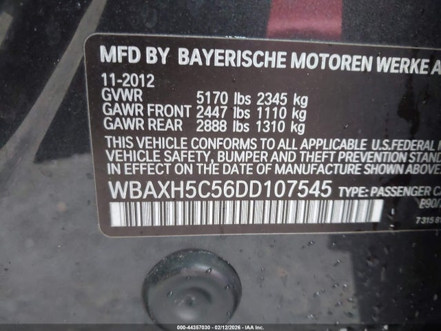 2013 Bmw 528i Xdrive მანქანა იყიდება აუქციონზე, vin: WBAXH5C56DD107545, აუქციონის ნომერი: 44357030