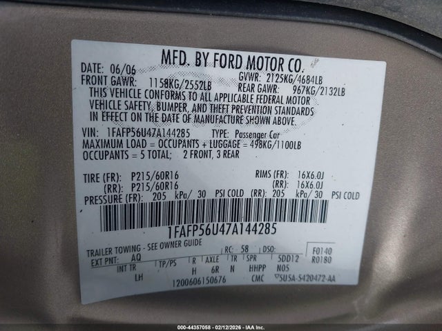 2007 FORD TAURUS 1FAFP56U47A144285 Photo 8