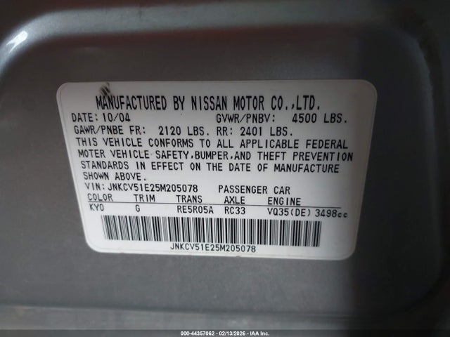 Aukcja sprzedaży 2005 Infiniti G35, vin: JNKCV51E25M205078, numer aukcji: 44357062