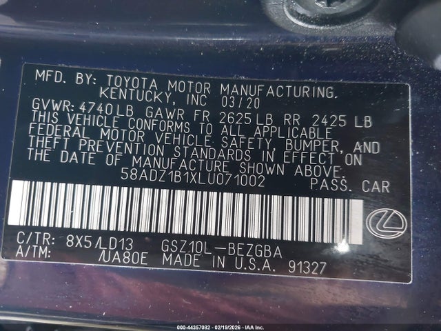 Продаж на аукціоні авто 2020 Lexus Es 350, vin: 58ADZ1B1XLU071002, номер лоту: 44357082