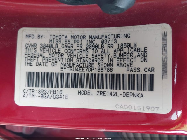 Aukcja sprzedaży 2013 Toyota Corolla Le, vin: 5YFBU4EE7DP168786, numer aukcji: 44357123