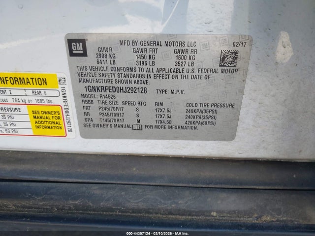 Aukcja sprzedaży 2017 Chevrolet Traverse Ls, vin: 1GNKRFED0HJ292128, numer aukcji: 44357124