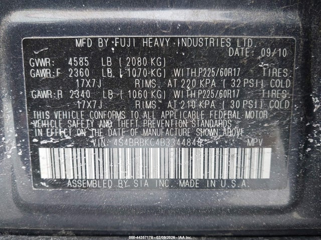 2011 Subaru Outback 2.5i Limited მანქანა იყიდება აუქციონზე, vin: 4S4BRBKC4B3344848, აუქციონის ნომერი: 44357178