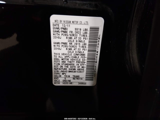 Auction sale of the 2012 Infiniti Fx35, vin: JN8AS1MW8CM153827, lot number: 44357202