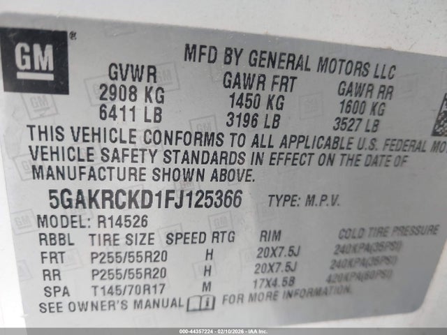 Aukcja sprzedaży 2015 Buick Enclave Premium, vin: 5GAKRCKD1FJ125366, numer aukcji: 44357224