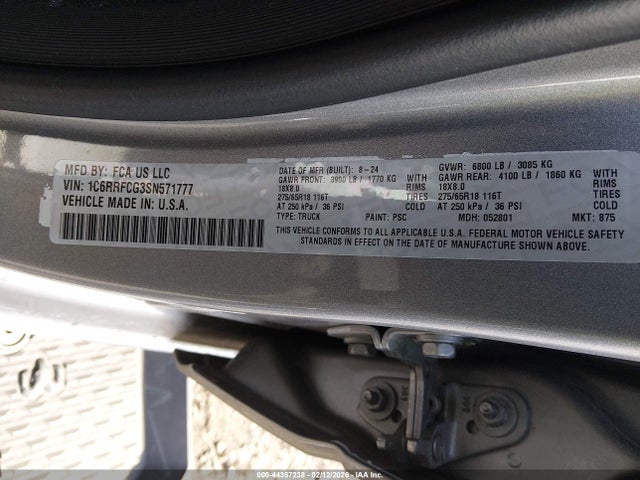 44357238 :رقم المزاد ، 1C6RRFCG3SN571777 vin ، 2025 Ram 1500 Tradesman  4x4 6'4 Box مزاد بيع