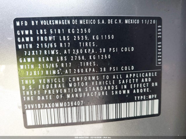 2021 Volkswagen Tiguan 2.0t S მანქანა იყიდება აუქციონზე, vin: 3VV1B7AX0MM036407, აუქციონის ნომერი: 44357250