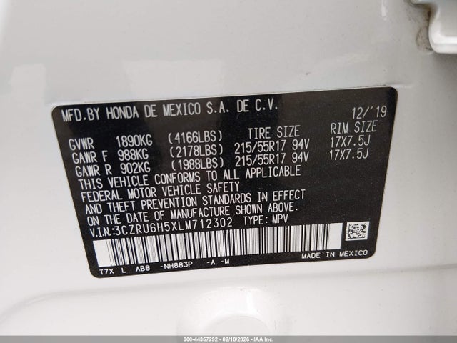 3CZRU6H5XLM712302 Honda Hr-v Awd Ex