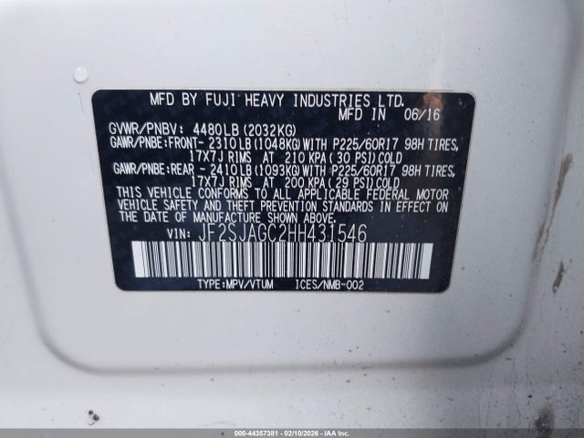 2017 Subaru Forester 2.5i Premium მანქანა იყიდება აუქციონზე, vin: JF2SJAGC2HH431546, აუქციონის ნომერი: 44357381
