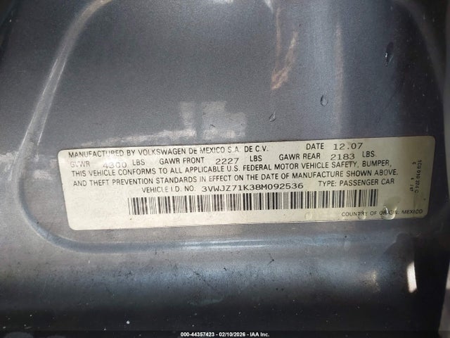 Продаж на аукціоні авто 2008 Volkswagen Jetta S, vin: 3VWJZ71K38M092536, номер лоту: 44357423