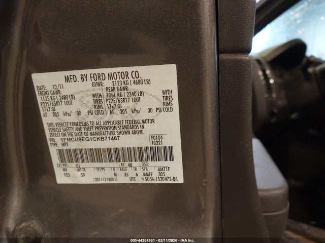 2012 Ford Escape Limited მანქანა იყიდება აუქციონზე, vin: 1FMCU9EG1CKB71467, აუქციონის ნომერი: 44357461
