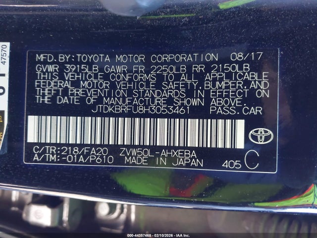 JTDKBRFU8H3053461 Toyota Prius One