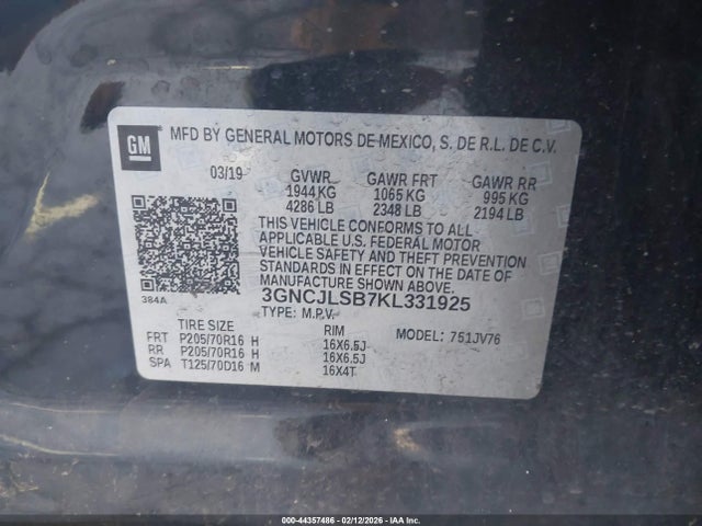 Продажа на аукционе авто 2019 Chevrolet Trax Lt, vin: 3GNCJLSB7KL331925, номер лота: 44357486
