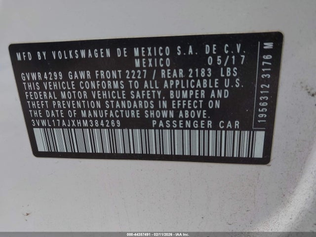 Aukcja sprzedaży 2017 Volkswagen Jetta 1.8t Sel/1.8t Sel Premium, vin: 3VWL17AJXHM384269, numer aukcji: 44357491