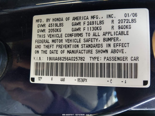 Aukcja sprzedaży 2006 Acura Tl, vin: 19UUA66256A025782, numer aukcji: 44357517