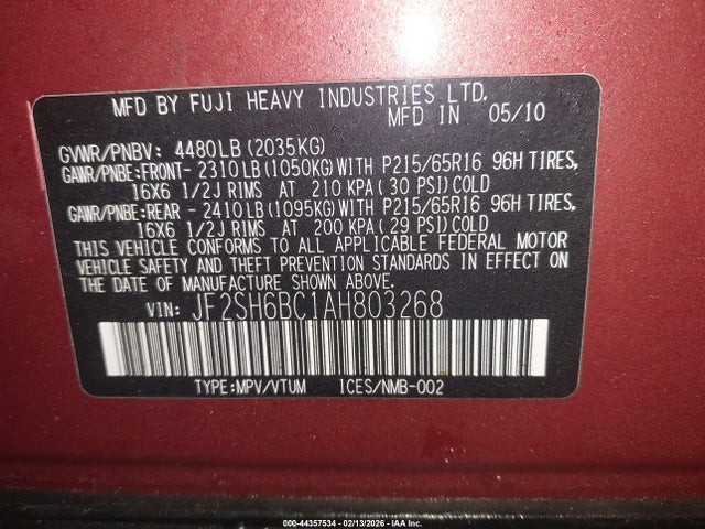Aukcja sprzedaży 2010 Subaru Forester 2.5x, vin: JF2SH6BC1AH803268, numer aukcji: 44357534