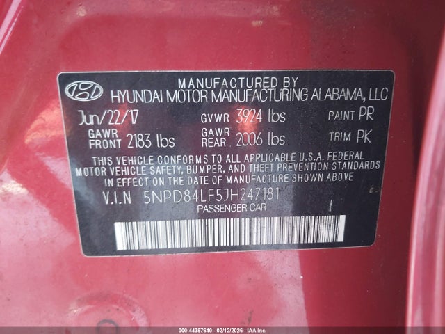 5NPD84LF5JH247181 Hyundai ELANTRA SEL