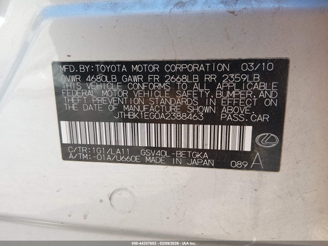 Aukcja sprzedaży 2010 Lexus Es 350, vin: JTHBK1EG0A2388463, numer aukcji: 44357652