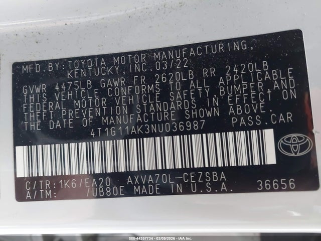 4T1G11AK3NU036987 Toyota CAMRY SE