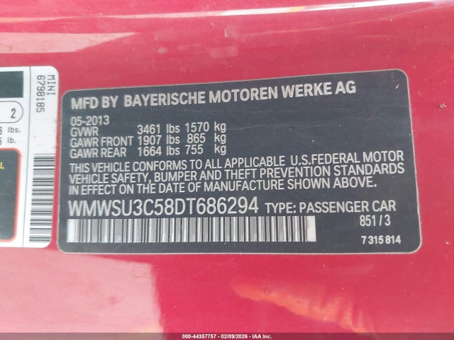 2013 MINI HARDTOP WMWSU3C58DT686294 Photo 8