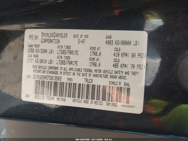 44357808 :رقم المزاد ، 3D7KS29A57G813503 vin ، 2007 Dodge Ram 2500 Slt مزاد بيع
