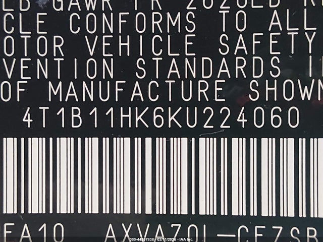 4T1B11HK6KU224060 Toyota CAMRY SE
