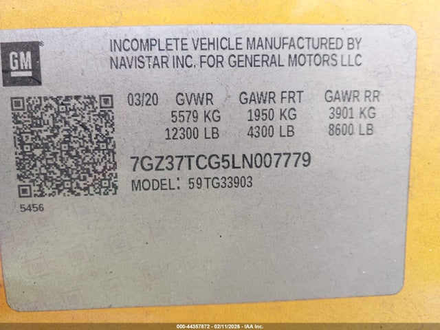44357872 :رقم المزاد ، 7GZ37TCG5LN007779 vin ، 2020 Gmc Savana Cutaway Work Van مزاد بيع
