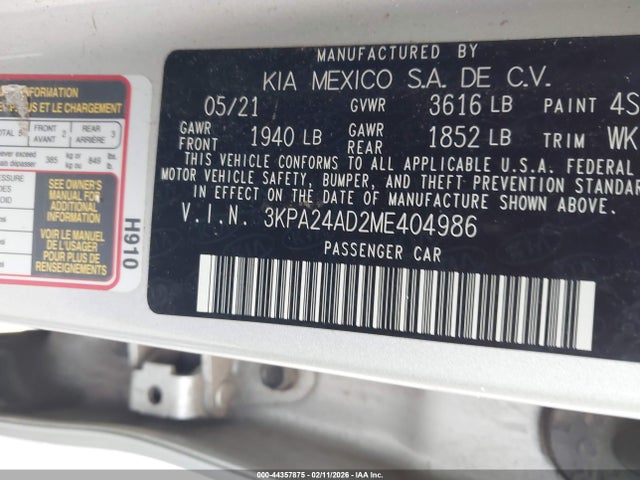 Aukcja sprzedaży 2021 Kia Rio S, vin: 3KPA24AD2ME404986, numer aukcji: 44357875