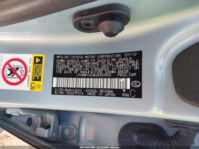 44357898 :رقم المزاد ، JTHBW1GG4D2000902 vin ، 2013 Lexus Es 300h مزاد بيع