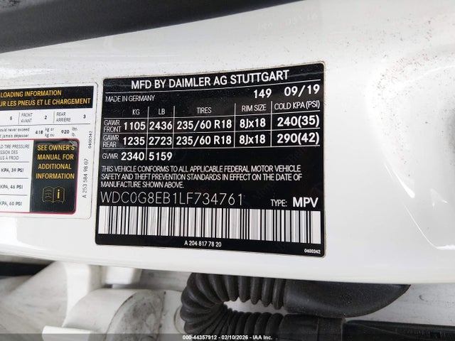 44357912 :رقم المزاد ، WDC0G8EB1LF734761 vin ، 2020 Mercedes-benz Glc 300 4matic مزاد بيع