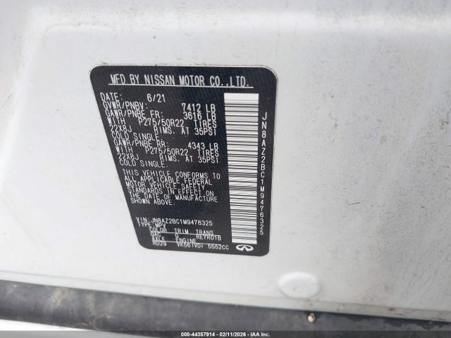 2021 Infiniti Qx80 Sensory Awd მანქანა იყიდება აუქციონზე, vin: JN8AZ2BC1M9476325, აუქციონის ნომერი: 44357914