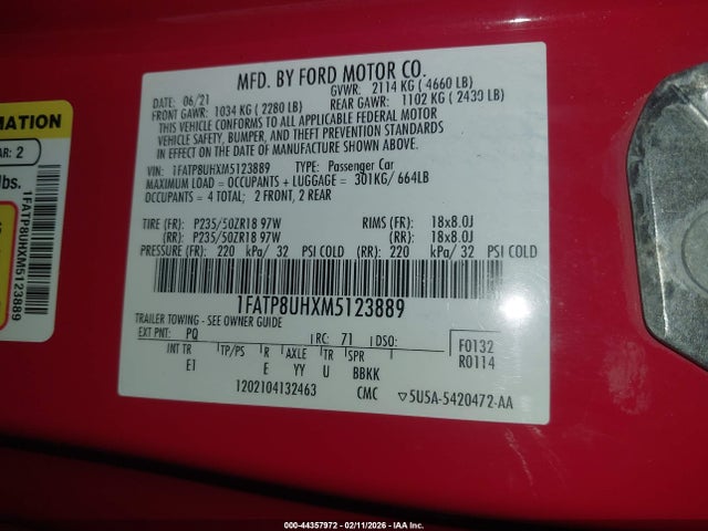 1FATP8UHXM5123889 Ford Mustang Ecoboost Premium