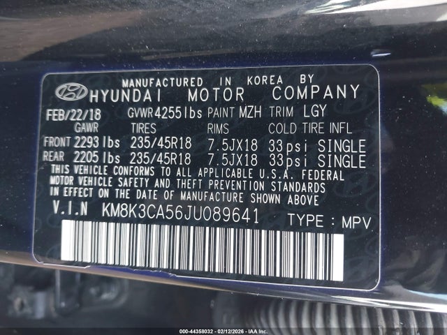 2018 Hyundai Kona Limited მანქანა იყიდება აუქციონზე, vin: KM8K3CA56JU089641, აუქციონის ნომერი: 44358032