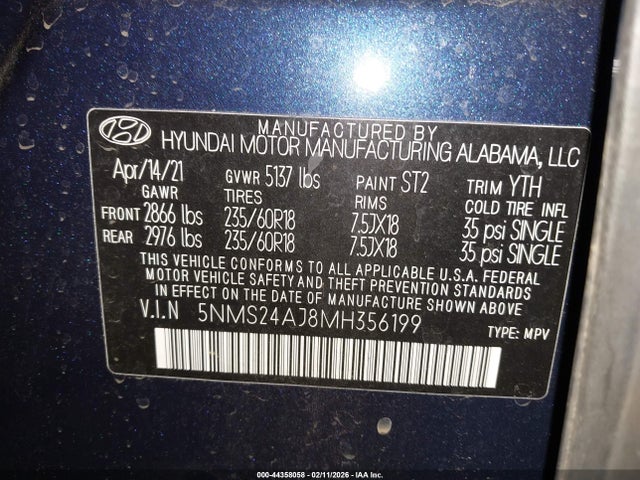 2021 HYUNDAI SANTA FE 5NMS24AJ8MH356199 Photo 8