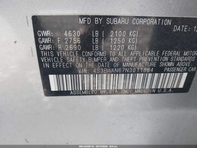 4S3BWAN67N3011884 Subaru Legacy Limited